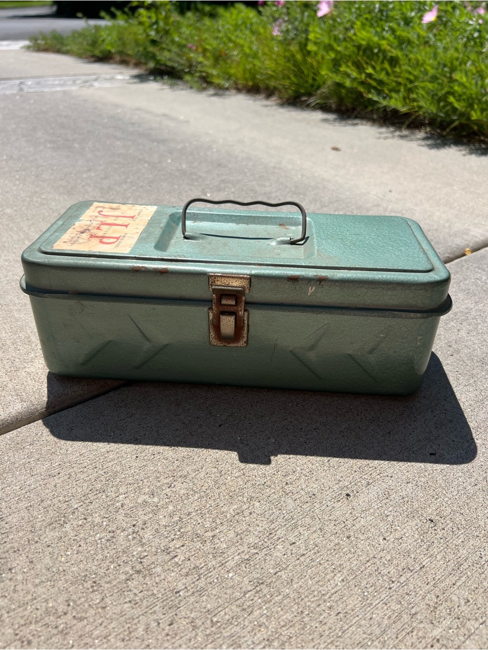 Antique Vintage Green Metal Tool Box Tackle Box